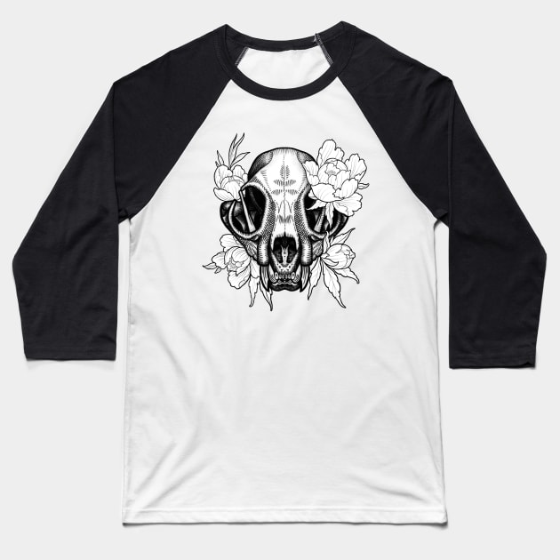 Bob Cat Skull with Flowers Baseball T-Shirt by Constattoo